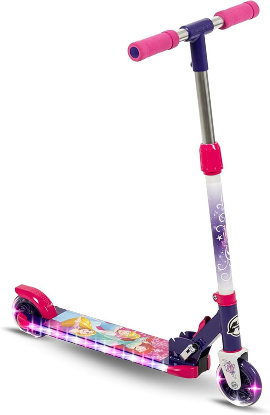 Huffy Disney and Marvel Light Up Kids' Inline Scooters, Multiple Color Options, LED Lights, Ages 5+ Years Old, Adjustable Handlebar, Durable Steel Frame, Foldable, Girls/Boys, 2-Wheels