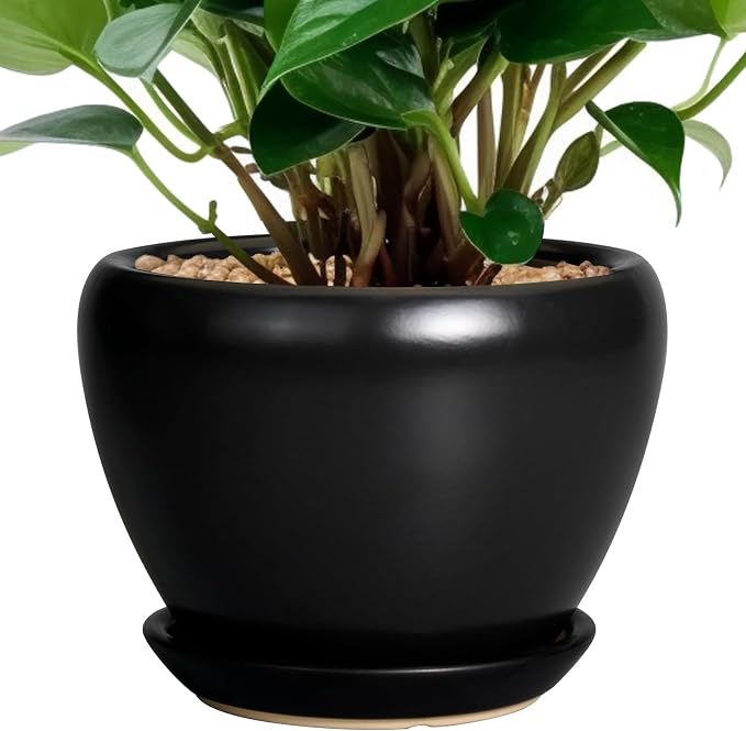 Ceramicfor Ceramic Planter Pot - 6 Inch Plant Pot with Drainage Hole and Saucer Round Planter for Indoor Plants Outdoor Succulent Pot Modern Flower Pot for Home Decor Black