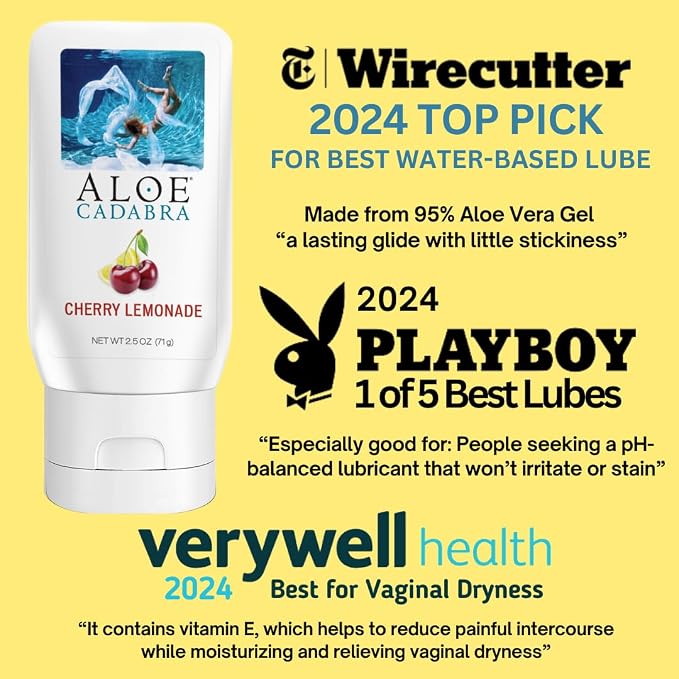 Aloe Cadabra Flavored Personal Lubricant & Vaginal Moisturizer, NSF Certified Organic Edible Aloe Lube for Men, Women, & Couples, Non-Staining, pH Balanced, Toy Compatible (Cherry Lemonade, 2.5oz)