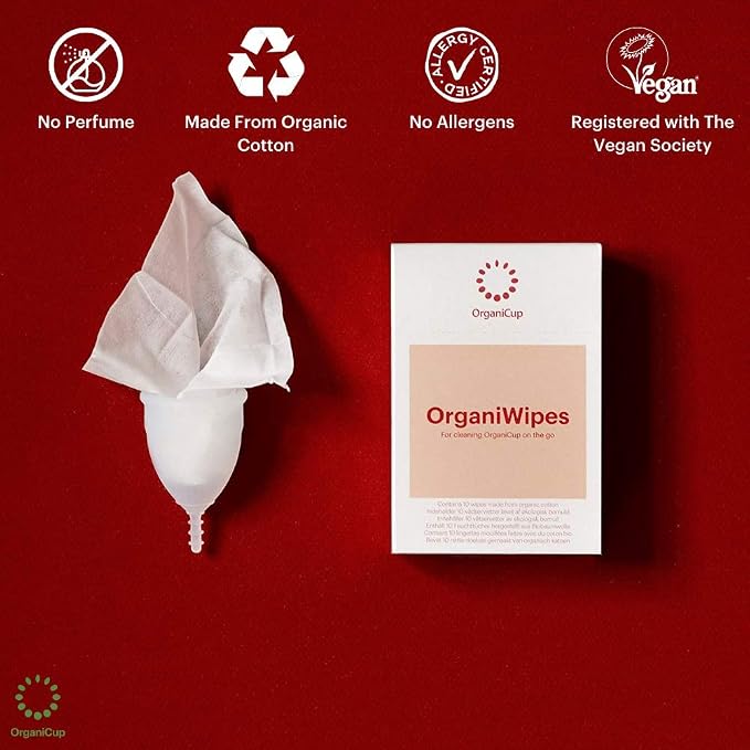 OrganiWipes – Organic Menstrual Cup Wipes 10pcs – Perfume-Free – Vegan - Individually Wrapped – Organic Cotton – Biodegradable - Not Offered in California