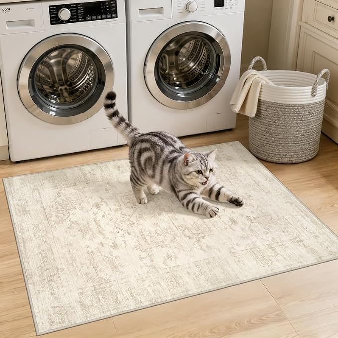 Machine Washable Area Rugs 2x3: Vintage Boho Neutral Washable Rug Indoor Soft Small Entryway Throw Carpet for Living Room Bedroom Kitchen Laundry Floor Non-Slip Low Pile Entrance Rug Beige/Brown