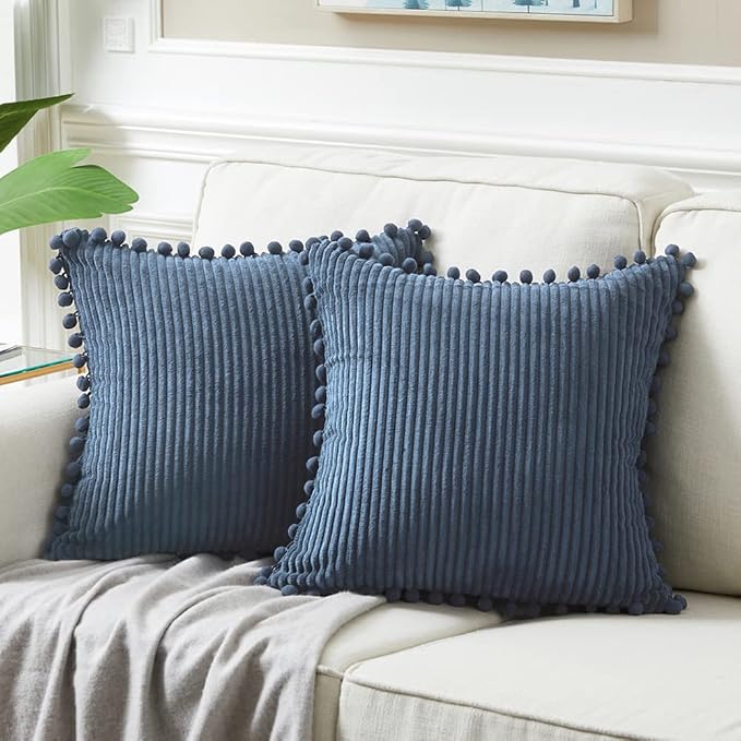 Fancy Homi 24x24 Pillow Covers, Pack of 2 Dusty Blue Throw Pillow Covers with Pom-poms, Super Soft Corduroy Square Solid Cushion Cover for Couch Sofa Bedroom Living Room 60x60 cm