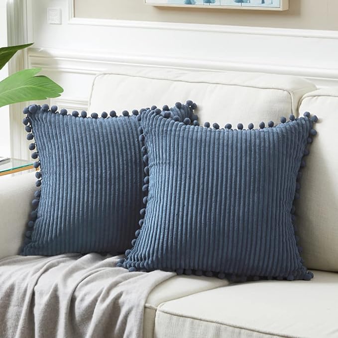 Fancy Homi Set of 2 Dusty Blue Decorative Throw Pillow Covers 12x12 Inch with Pom-poms for Couch Bed Sofa, Modern Farmhouse Boho Home Decor, Soft Plush Corduroy Cute Cushion Case 30x30 cm