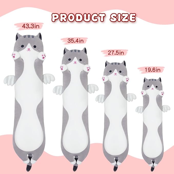 Long Plush Toy Cat Pillow Cute Plush Cat Toy Doll Stuffed Animal Cat Hugging Pillow for Sleeping Gift for Kids and Girls(Gray,70cm/27.5in)