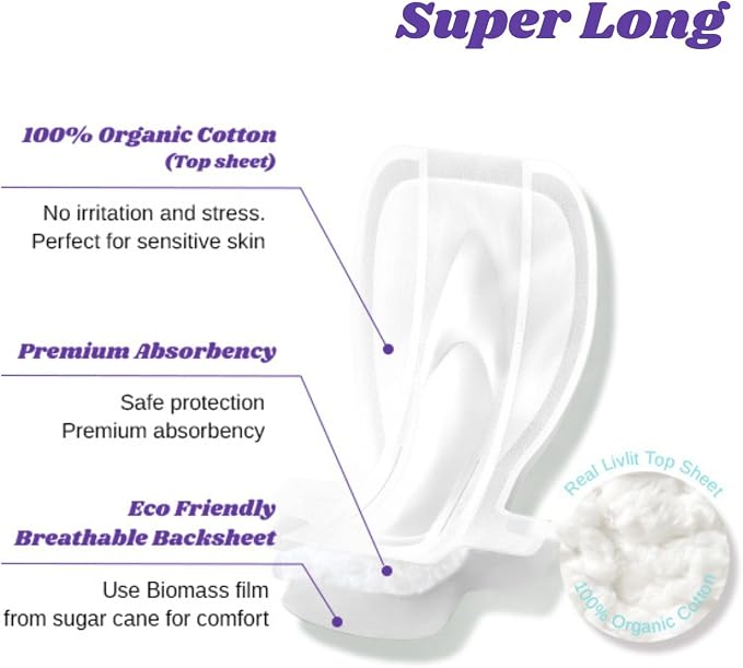 Livlit Super Long Overnight Pads - 100% Organic Cotton from Texas, Heavy Absorbency, Powerful Leak Protection, Unscented, Extra Long Length (10 Count)