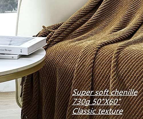 CREVENT Boho Chenille Throw Blanket for Couch Sofa Chair Bed Home Decoration, Super Soft Warm Cozy Knit Blanket for All Season (50''X60'' Coffee/Prairie Sand)