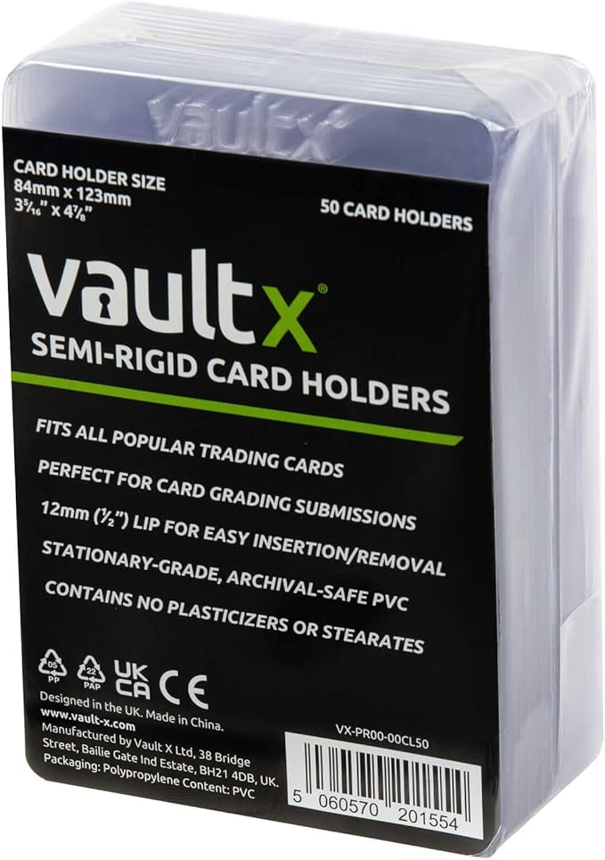Vault X Semi-Rigid Trading Card Holders (50 Pack), Hard Sleeves for Trading Card Grading Submissions, Card Protectors