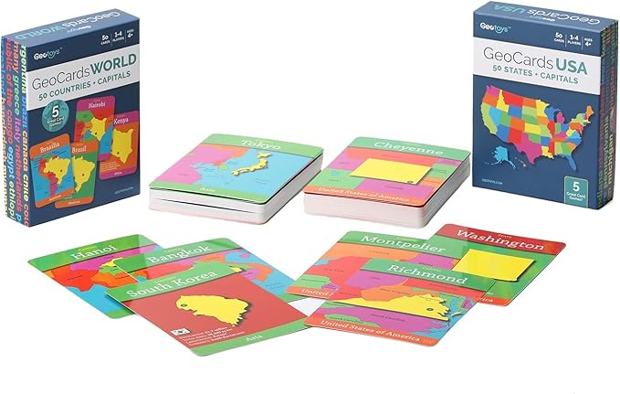 Geotoys GeoCards, World & USA Flash Cards Geography Game, Kids Card Game for Home, School & Travel, States and Capitals Flash Cards, Card Games for Families, Kids Educational Games Ages 4 and Up