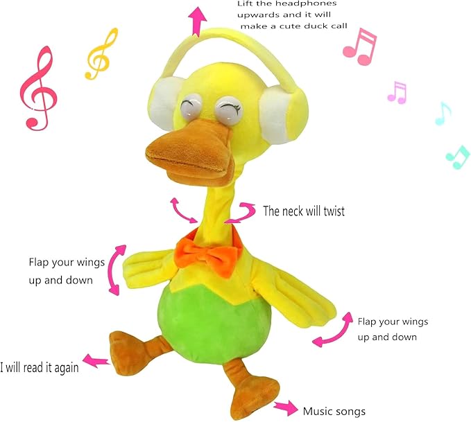 Talking Repeat Duck, Imitation Recording Duck, Music Song Duck, Children's Toy Gift Duck, Plush Duck, Smart Toy Duck (Earphone)