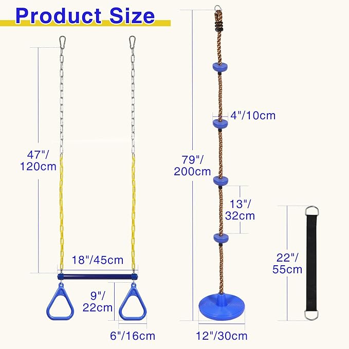 REDCAMP Outdoor Kids Swingset, Trapeze Swing Bar and Climbing Rope with Heavy Duty Coated Chains and Carabiners, Backyard Playground Accessories (Blue)