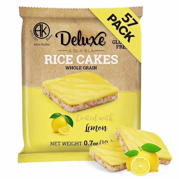 Deluxe & Bla Bla Rice Cakes 57 Pack – Whole Grain, Gluten-Free, Kosher, Low-Calorie Snack - Coated with Lemon - Healthy & Crunchy Treat - Individually Wrapped, (19g Each)