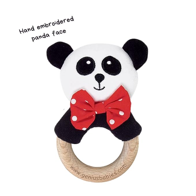 Baby Rattle in High Contrast Colors, Baby Rattles & Plush Rings with Cute Panda Plush, 5", Wooden Infant Toy, Perfect Size for Small Hands, Teach Grasping, Nontoxic, 0-3 Months Newborn, Infant Toys