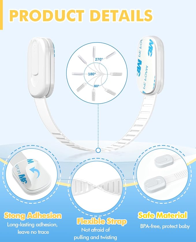 12 Pack Cabinet Locks Baby Proofing, Child Proof Cabinet Locks with 3M Adhesive - Easy Installation with Adjustable Straps, Multi-Purpose Child Safety Latches for Drawers Fridge Trash Cans Toilets