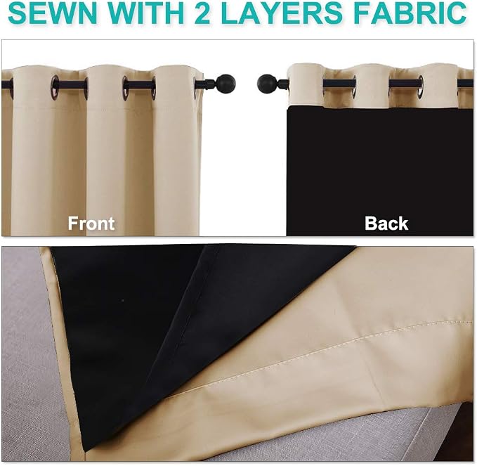 NICETOWN Biscotti Beige Bedroom Full Blackout Curtain Panels, Super Thick Insulated Window Covers, Complete Blackout Draperies with Black Liner for Short Window(Set of 2, 42 by 45-inch)