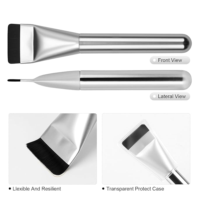 2Pcs Flat Foundation Brush,Face Mask Brush Makeup Spatula Facial Brush for Liquid Foundation Mask,Premium Face Korean Makeup Brush for Blending Cream (Silver&Silver)