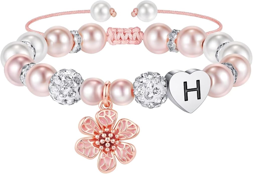 MONOOC Valentines Gifts for Kids Girls - Initial Flower Charm Bracelets for Girls, Adjustable Pearl and Rhinestone Beaded Bracelet Heart Initial Bracelets Jewelry for Flower Girl Gift Birthday Gifts