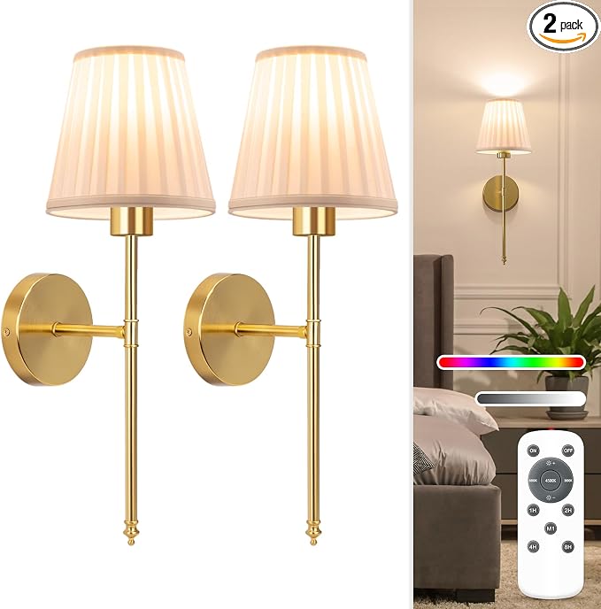 19.9 inch Battery Operated Wall Sconce Set of 2,Beige Gold Rechargeable Wall Lights with 10400mAh Dimmable Bulbs and Remote, 9 Colors Wireless Wall Lamps for Bedroom Living Room Decor