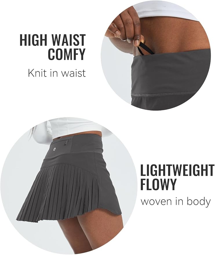 baleaf Tennis Skirt Pleated Golf Skorts with 3 Pockets | 14", Built in Shorts, High Waisted, Anti-slip Strip, Lightweight, for Athletic, Workout, Pickleball, Skorts for Women