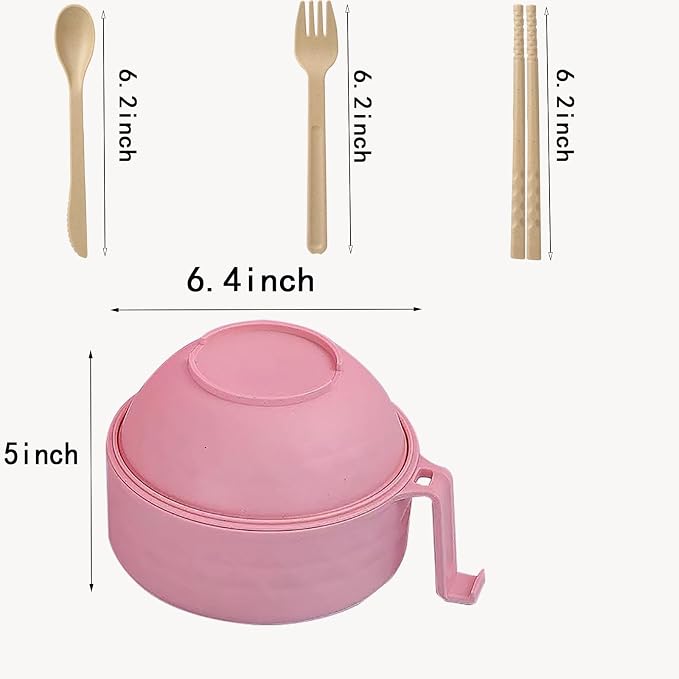 OZY Microwave Ramen Bowl，Ramen Noodle Cooker with Spoon Chopsticks Fork，Ramen Cooker with Handles，College Dorm Room Essentials，BPA-Free (Pink)
