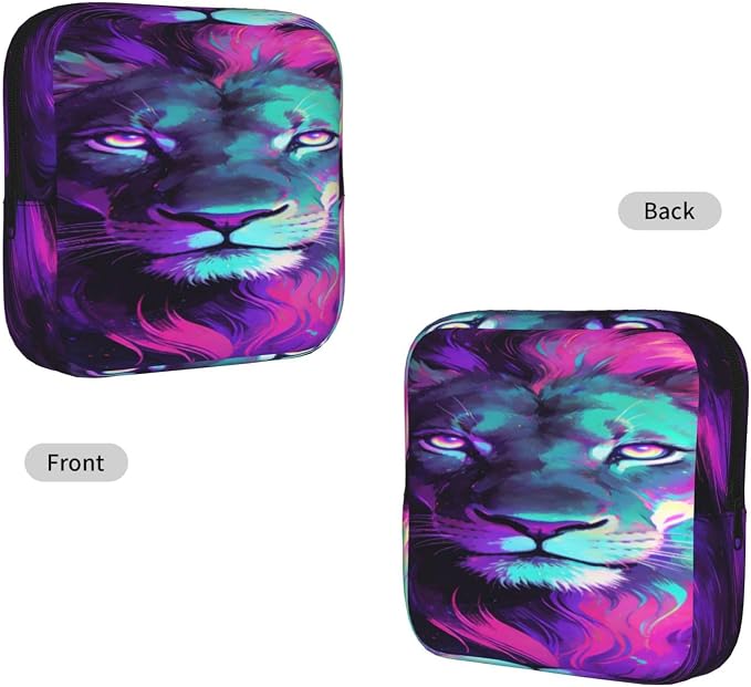 Portable Sanitary Napkin Pouch Rainbow Neon Lion Purple, Cute Polyester Feminine Care Bag with Zipper, Ideal Gifts for Ladies Outdoor Travel