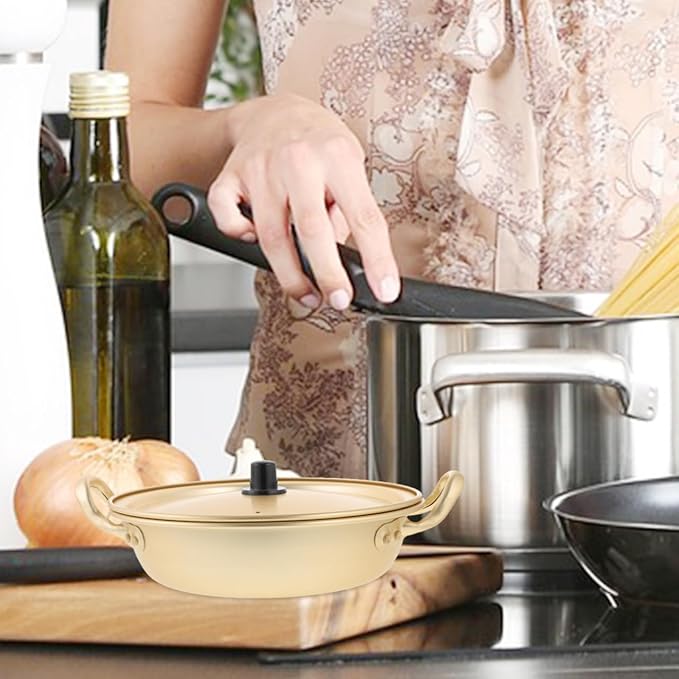 Luxshiny Korea Ramen Pot, Korean Ramen Cooking Pot with Lid Korean Noodle Pot Aluminum Noodle Hot Pot Shin Ramyun Pot for Kitchen Cookware (double Handle) (8.6in), 22X5CM, Golden, 809UF133R15Q