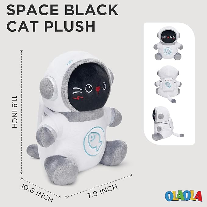OLAOLA Space Black Cat Plush 12 Inch Cute Kitten with Backpack Stuffed Animals Plush Toy Soft Doll Pillow for Kids Adults