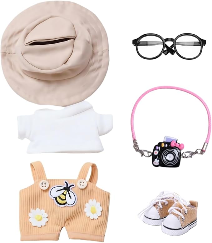 17cm Doll Designer Clothes Set, La-Booboo Doll Halloween Outfit Set Accessories with Tshirt, Yellow Overall, Black Camera, Glasses, Shoes, Khaki Bucket Hat, Yellow