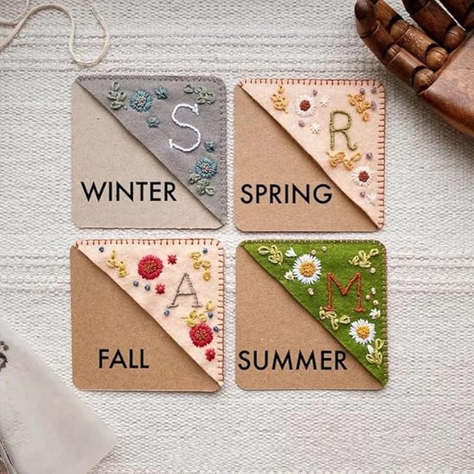 MOTEERLLU Personalized Hand Embroidered Corner Bookmark,Felt Triangle Page Stitched Handmade Bookmark,Unique Cute Flower Letter Embroidery Bookmarks Accessories for Book Lovers(Spring-n)