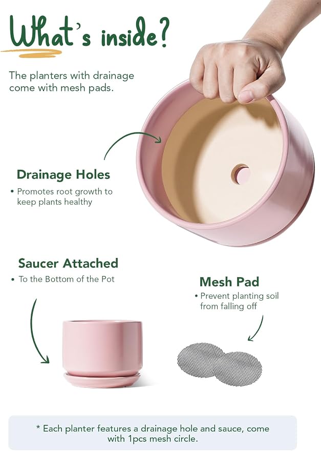 LE TAUCI Ceramic Plant Pots, 4.3+5.3+6.8 inch, Set of 3, Planters with Drainage Hole and Saucer, Indoor Flower Pot with Hole Mesh Pad, Gifts for Mom, Pink