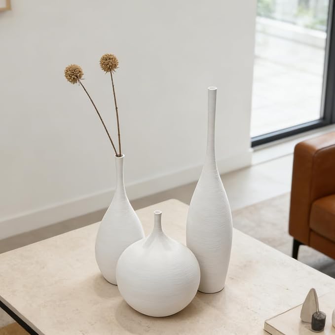 White Ceramic Vase Set of 3, Modern Boho Vases for Centerpiece Decor, Matte Minimalist Decorative White Vases Home Decor, for Living Room, Bookshelf, and Entryway Table Decor