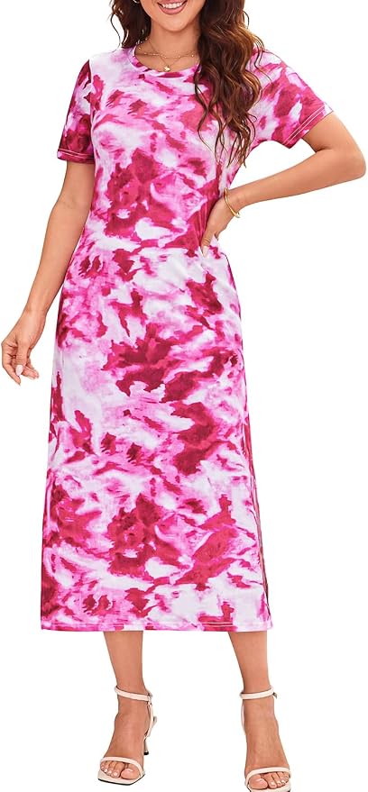 Naggoo Women's Casual T Shirt Midi Dress with Side Slit and Pockets