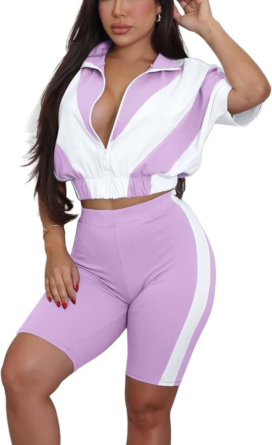 Adogirl Women 2 Piece Outfits Summer Tracksuit Color Block Short Sleeve Full Zip Up Cropped Jacket Bodycon Shorts Lounge Sets