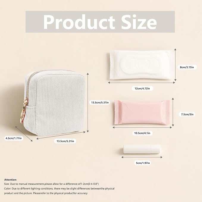Period Bag for Girls, Corduroy Period Kit with Sanitary Pad Pouch, Menstrual Storage Bag and Tampon Holder for Purse, Girls School Essentials,Feminine Care Organizer(Beige)