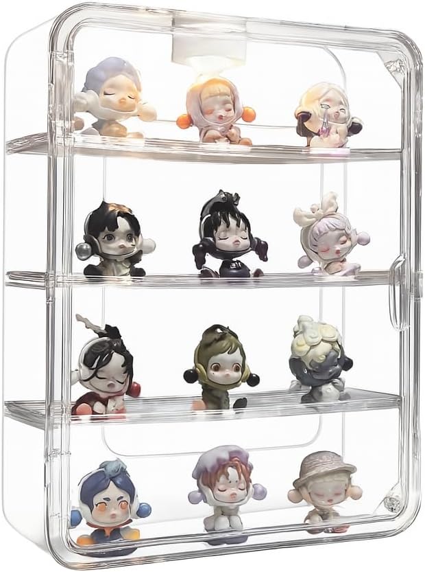Clear Acrylic Display Case with Light, 4 Tiers Clear Display Case for Figures, Acrylic Storage Organizers Box with Magnetic Door, Wall-Mounted Dustproof Showcase for Collectibles Action Figure