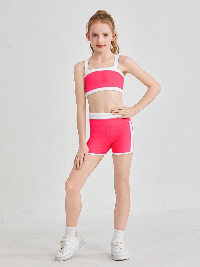Haloumoning Girls 2 Piece Outfits Athletic Color Block Training Bra and High Waisted Shorts Clothing Sets 5-14Y