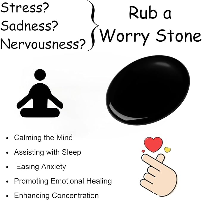 Thumb Worry Stone Black Obsidian Crystal Stone Healing Crystals Pocket Oval Natural Stress Relief Gifts Meditation Accessories Palm Reiki Tiny Fidget Trinket Anxiety Relief Items for Women Men