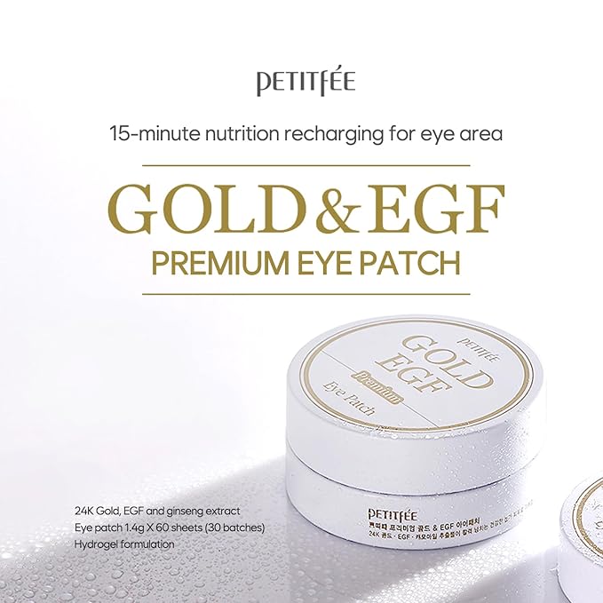 Petitfee Premium Gold & EGF Eye Patch 60pcs (30pairs) - 24k Gold, EGF, Ginseng, Caviar Extract for Nourishing Under Eye, Firming, Smoother Eye Area, Skin Soothing, Rejuvenating