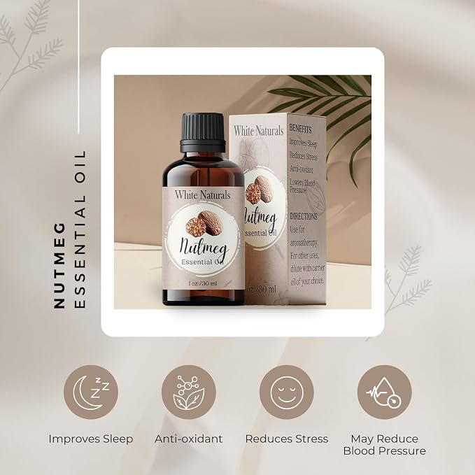 Organic Nutmeg Essential Oil - 100% Pure & Natural -Premium Therapeutic Grade with Premium Glass Dropper - Undiluted Natural/Homeopathic Aromatherapy Scented, Great for DIY Candle Making, Massage
