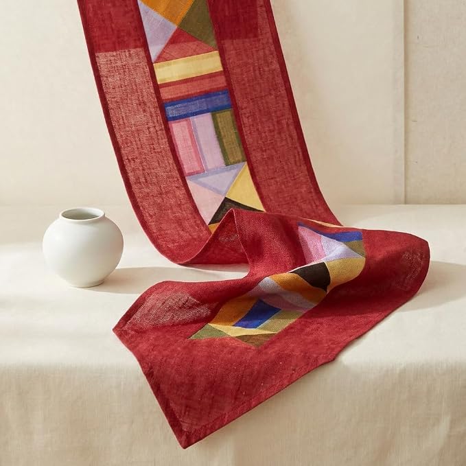 Korean Bojagi Table Runner, Ruby Red Ramie Patchwork, 78.8 x 11.8 Inch | Jogakbo-Inspired Design, Pointed Ends, Dining & Coffee Table Decor, Console Styling, Asian Home Accent