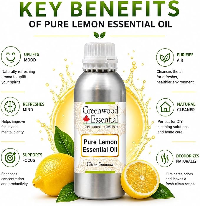 Greenwood Essential Pure Lemon Essential Oil (Citrus limonum) Steam Distilled 300ml (10.1 oz)
