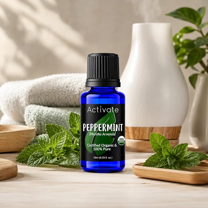 Activate USDA Organic Peppermint Essential Oil, 100% Pure Steam Distilled Mentha Arvensis, Premium Aromatherapy Oil for Diffusers, Massage, DIY Soap, Candles, Bath & Home Fragrance, 10 mL