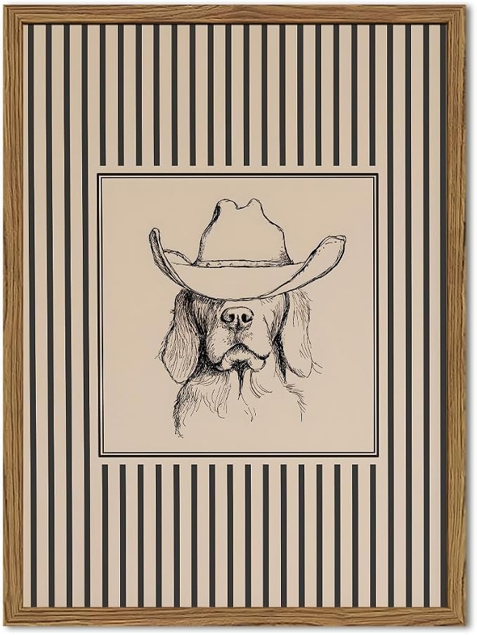 Vintage Western Cowboy Dog Wall Art Cute Southwestern Dog Wall Decor Painting, Retro Striped Western Animal Poster Canvas Print Picture for Living Room Bedroom 12x16 inch Wood Framed