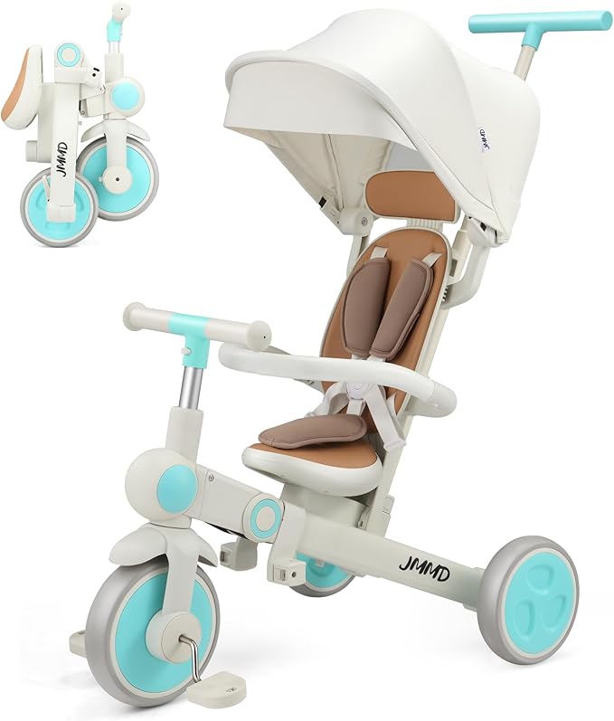 JMMD Baby Tricycle, 7-in-1 Multifunctional Kids Trike with Adjustable Parent Handle, Safety Harness & Wheel Brakes, Removable Canopy, Stroll Trike for Boys & Girls Ages 18 Months-5 Years, Mint