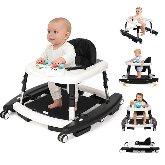 5-in-1 Baby Walker for Boys and Girls Music and Lights 6-18 Month, Foldable Baby Walkers with 5 Adjustable Heights, Infant Toddler Walker with Wheels and Combo Portable(Black)