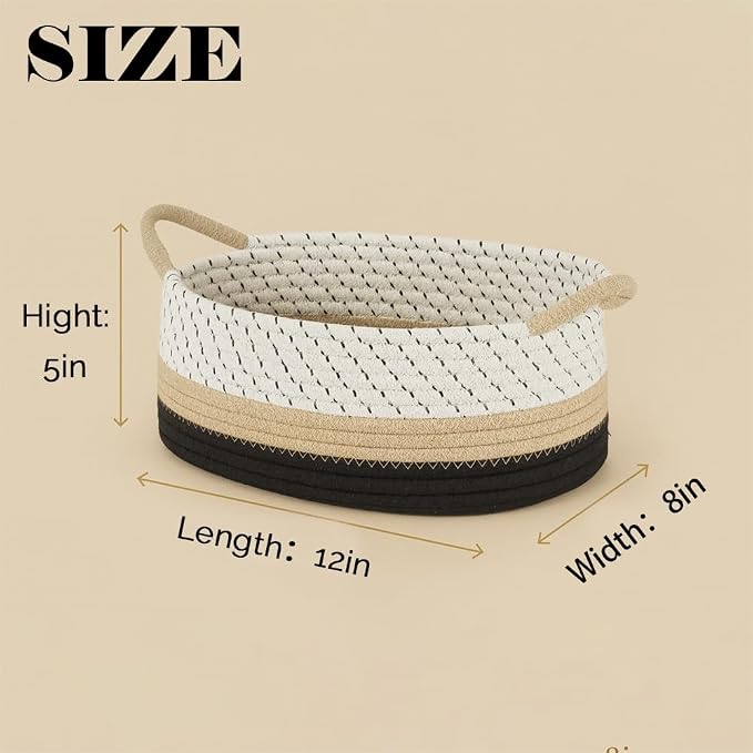 Yimi's Dream Woven Cotton Rope Gift Basket with Handles, Decorative Storage | White Brown Black Basket for Christmas, Housewarming, Nursery, Toys, Baby Laundry, Towels, Gifts( Oval 12 x 8 x 5 in)