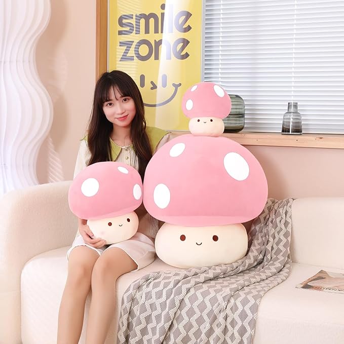 Cute Pink Mushroom Plush Pillow, 3D Soft Mushroom Plushie Hugging Pillow Gift for Girls Kids, Christmas Birthday Decor