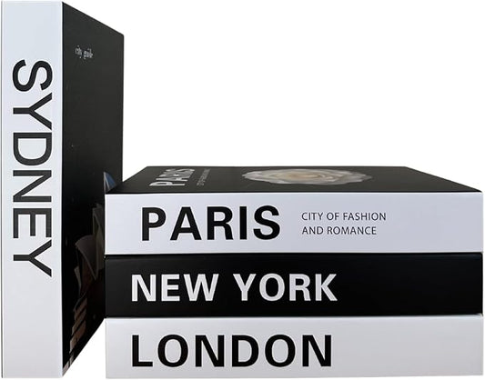 4 Pcs Decorative Books | Faux Travel Coffee Table & Shelf Decor | Worldly Eclectic Look for Living Room, Office and Entryway - Not Real, Tool-Free 2-Min Setup