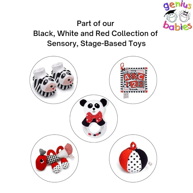 Panda Plush with High Contrast Colors, Cute Stuffed Animal Toys for Baby, Panda Toy, Teether with Clip, Multiple Textures, Taggies, Squeaky Body, Crinkle Fabric, Baby Gift, Teething Toy, 8" Tall