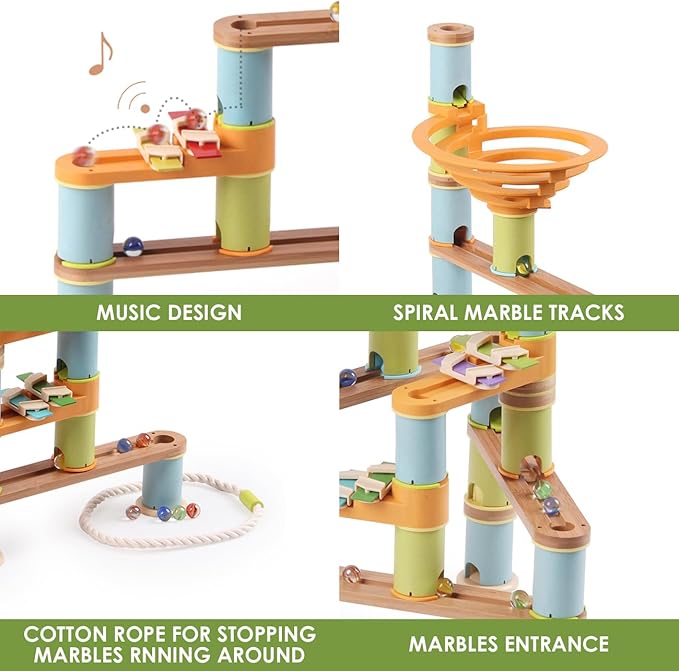 Marble Run Building Toys for Kids, 98 Pcs Bamboo Marble Race Track with Glass Marbles, Building Blocks and STEM Toys for Boys and Girls for Kids 4-6