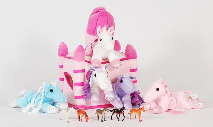 Pink Horse Castle with 5 Plush Horses and Bonus 5 Mini Horse Figures